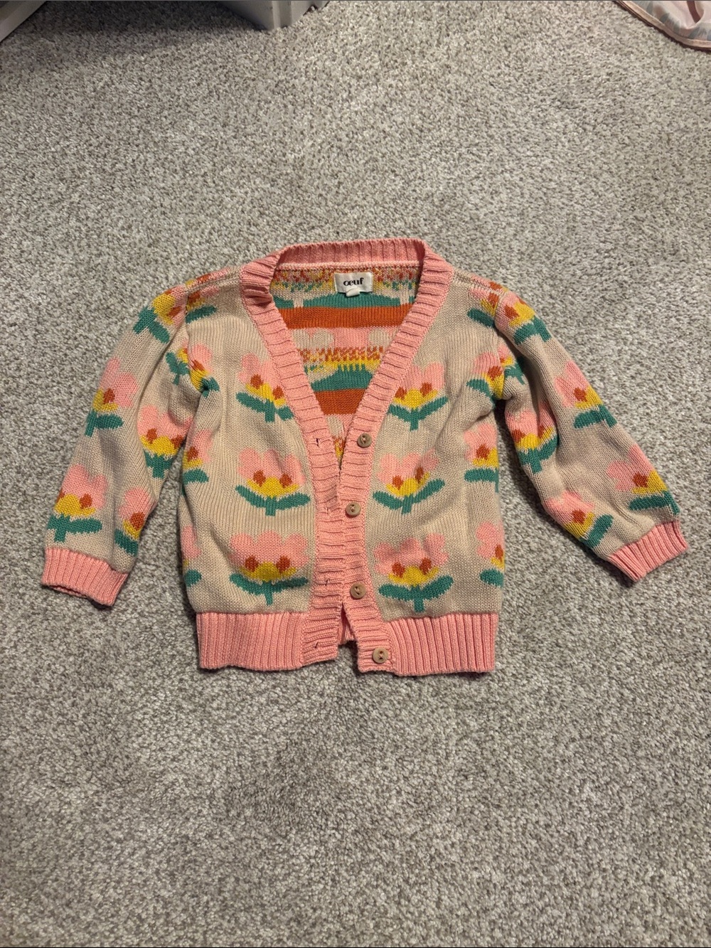 Oeuf Pink Floral Knit Cardigan with Multicolor Flowers